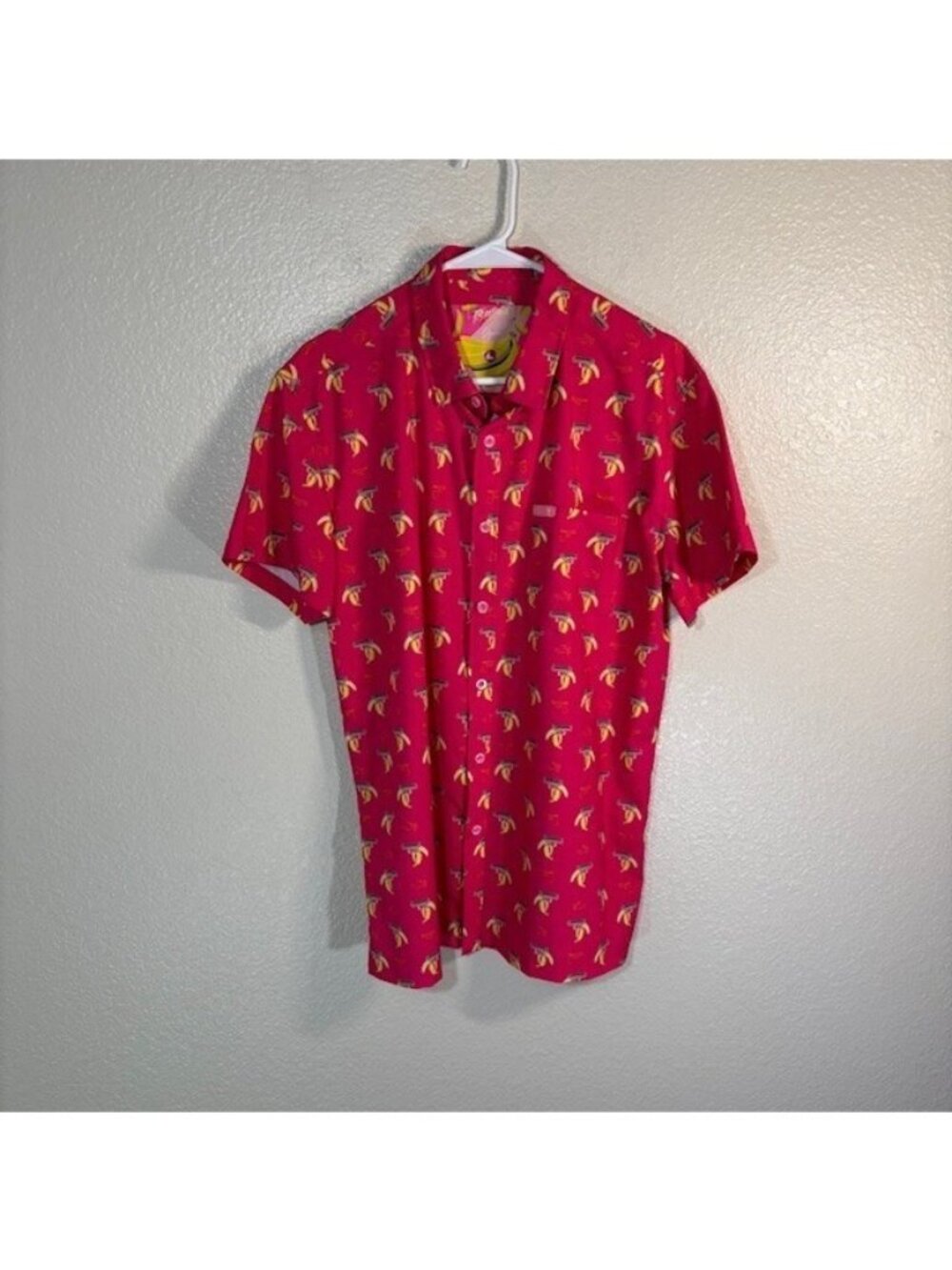 Retro Rifle Organic Banana Clip Button Down Men’s L Hot Pink Yellow Short Sleeve